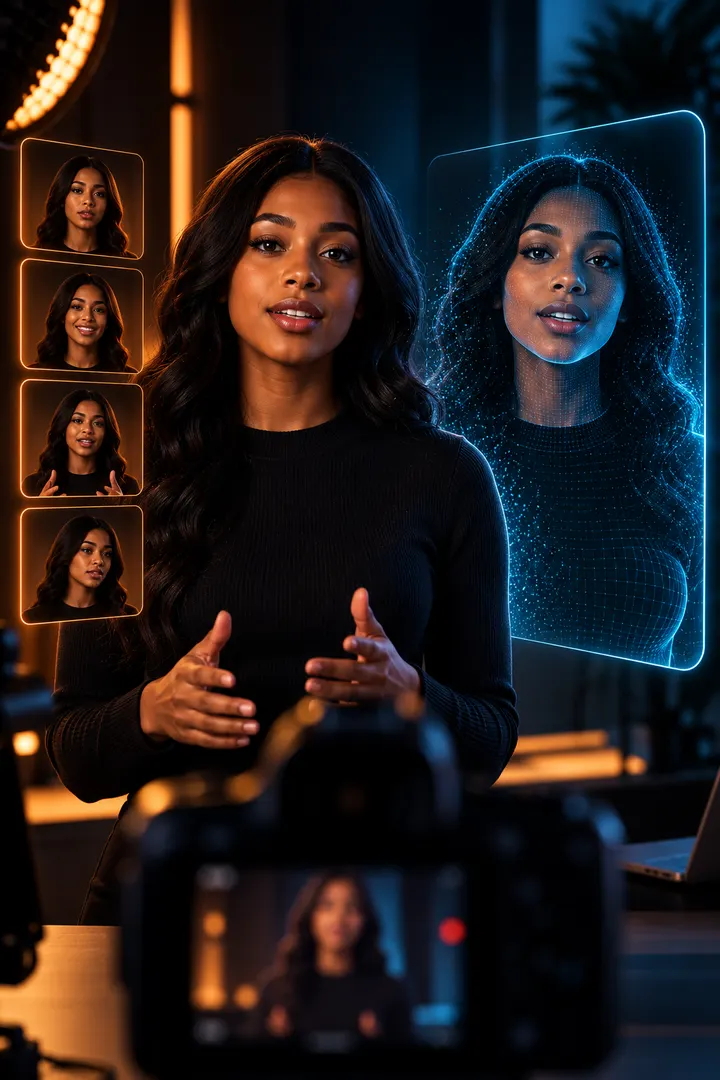 A presenter figure composed of light, standing in a dark studio.