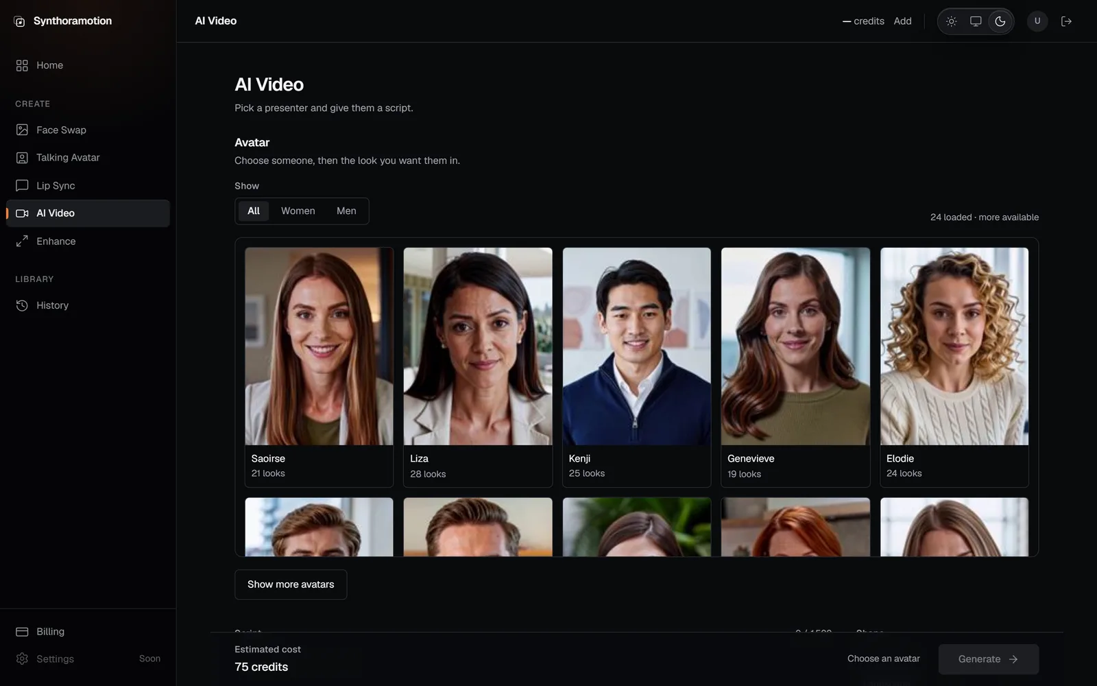 The Synthoramotion AI Video workspace: an avatar catalogue, a script field and a voice browser.